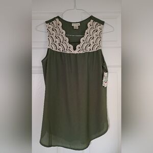 Belle Du Jour Olive Green Blouse with Cream Lace Women’s NWT